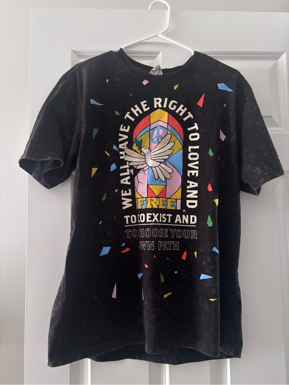 Men’s Black Short-Sleeve Tee with Colorful Peace Dove Graphic